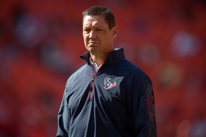 Oct 20, 2013; Houston Texans offensive coordinator Rick Dennison during a game against the Kansas City Chiefs. Mandatory Credit: Kirby Lee-USA TODAY Sports